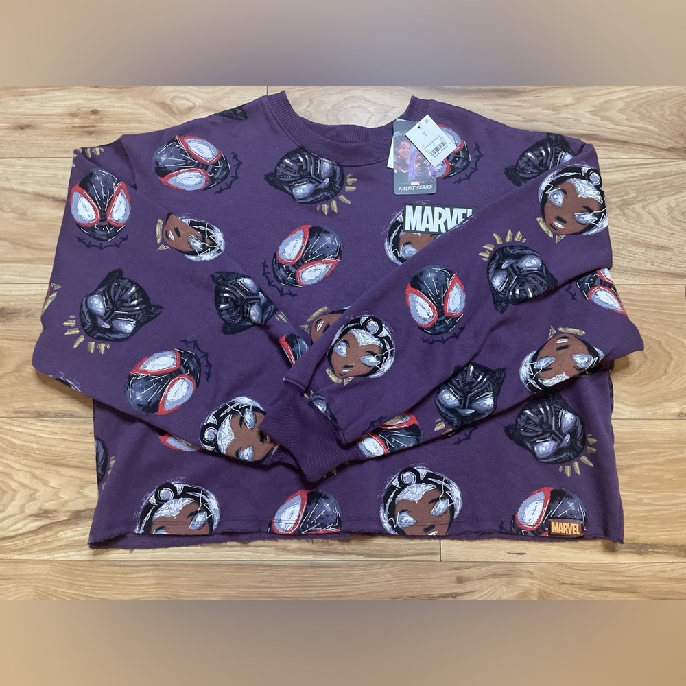 Marvel Purple Womens Crop Sweatshirt with Black Panther, Storm & Spider-Man